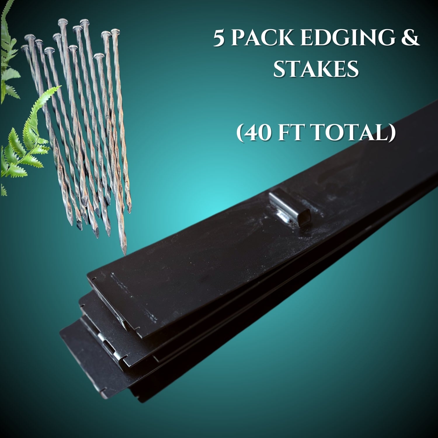 5 pack metal edging with spiral anchoring stakes and slots for installing them on the 4 inch tall edging section