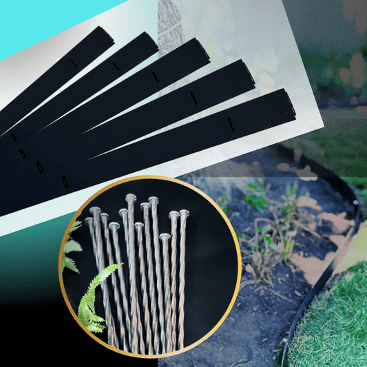 landscape scene, metal edging and stakes