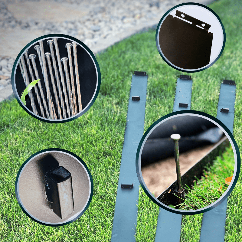 metal edging for pros with spiral nail stakes, interlocking ends, square tube for stakes, and a stake to show how it works